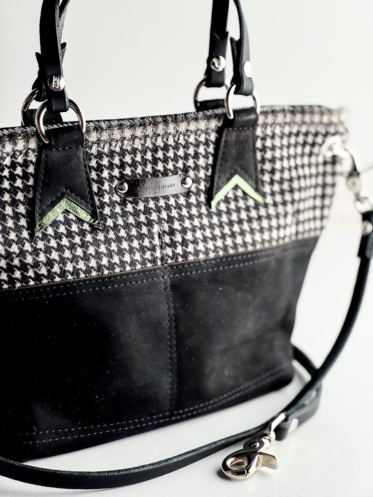Midnight in Paris Collection | Coco Satchel + Crossbody | Houndstooth Hair-on-Hide + Noir Suede