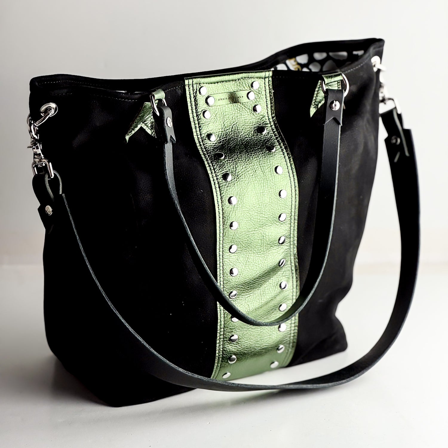 Midnight in Paris Collection | Lexington Shoulder Tote | Noir Suede + Emerald