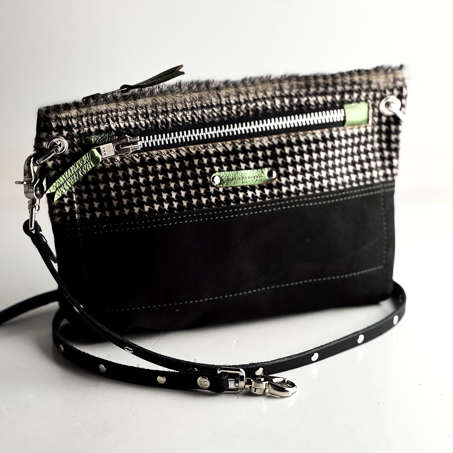 Midnight in Paris Collection | Sophie Crossbody | Houndstooth Hair-on-Hide + Noir Suede