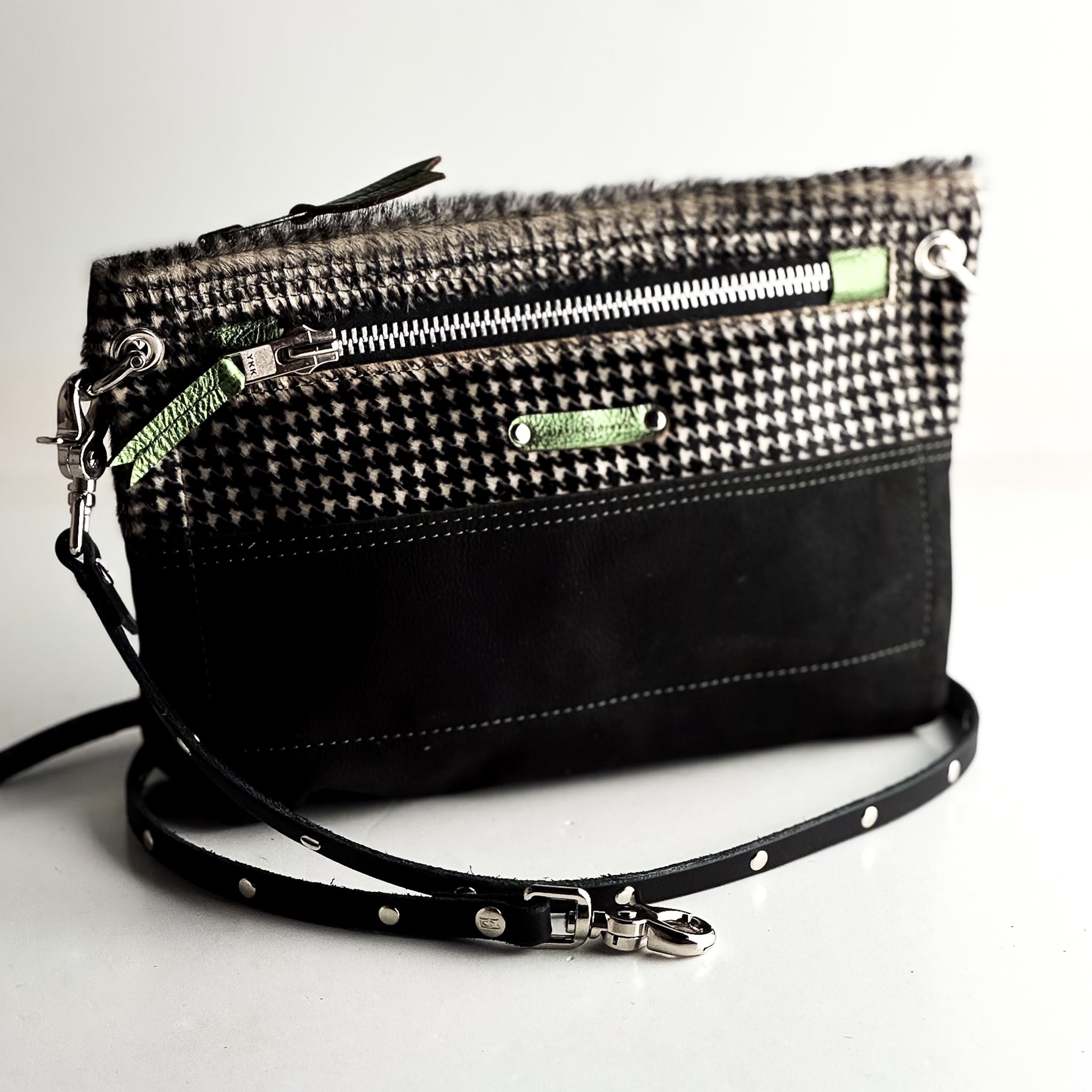 Midnight in Paris Collection | Sophie Crossbody | Houndstooth Hair-on-Hide + Noir Suede