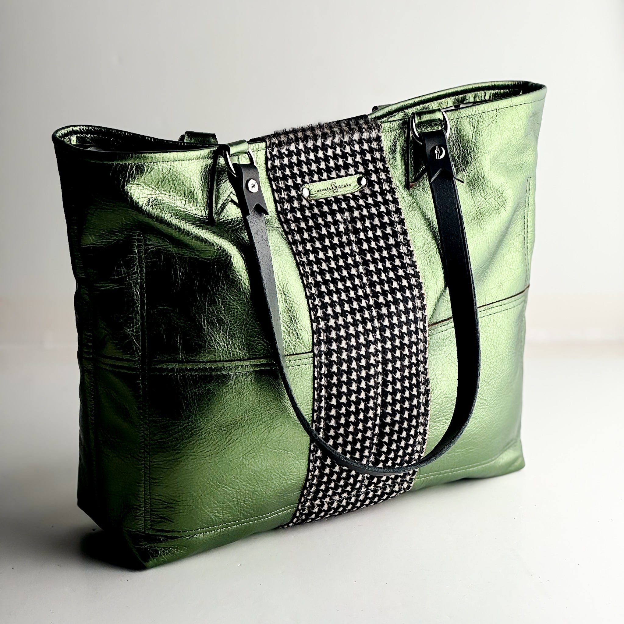 Midnight in Paris Collection | 9 to 5 Shoulder Tote | Emerald + Houndstooth Hair-on-Hide
