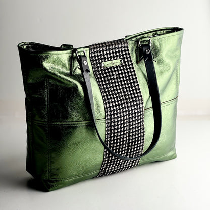 Midnight in Paris Collection | 9 to 5 Shoulder Tote | Emerald + Houndstooth Hair-on-Hide