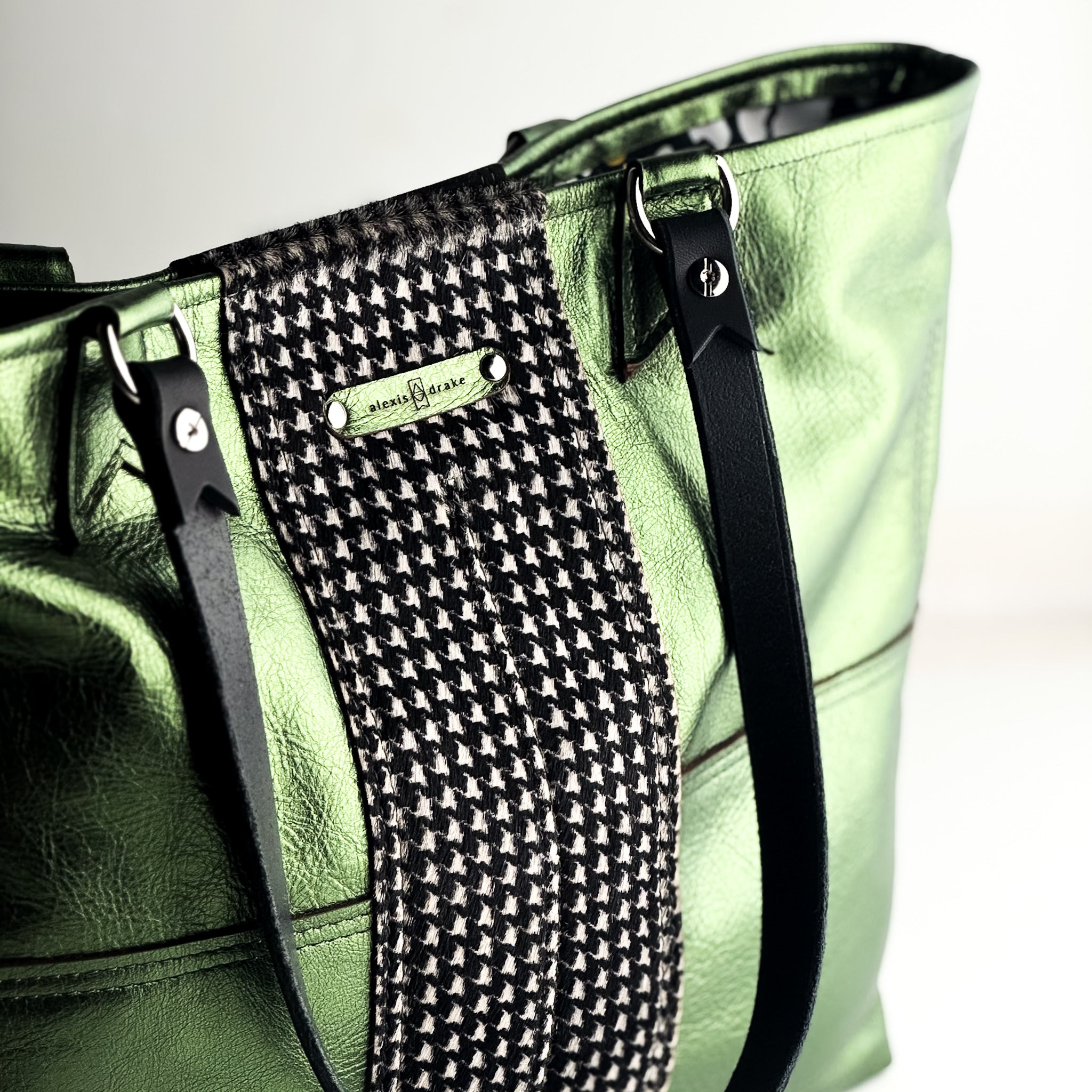 Midnight in Paris Collection | 9 to 5 Shoulder Tote | Emerald + Houndstooth Hair-on-Hide