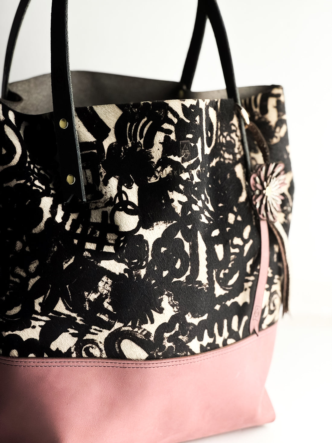Tote Tuesday Collection | Market Tote | Graphic Hair-on-Hide + Distressed Dusty Rose