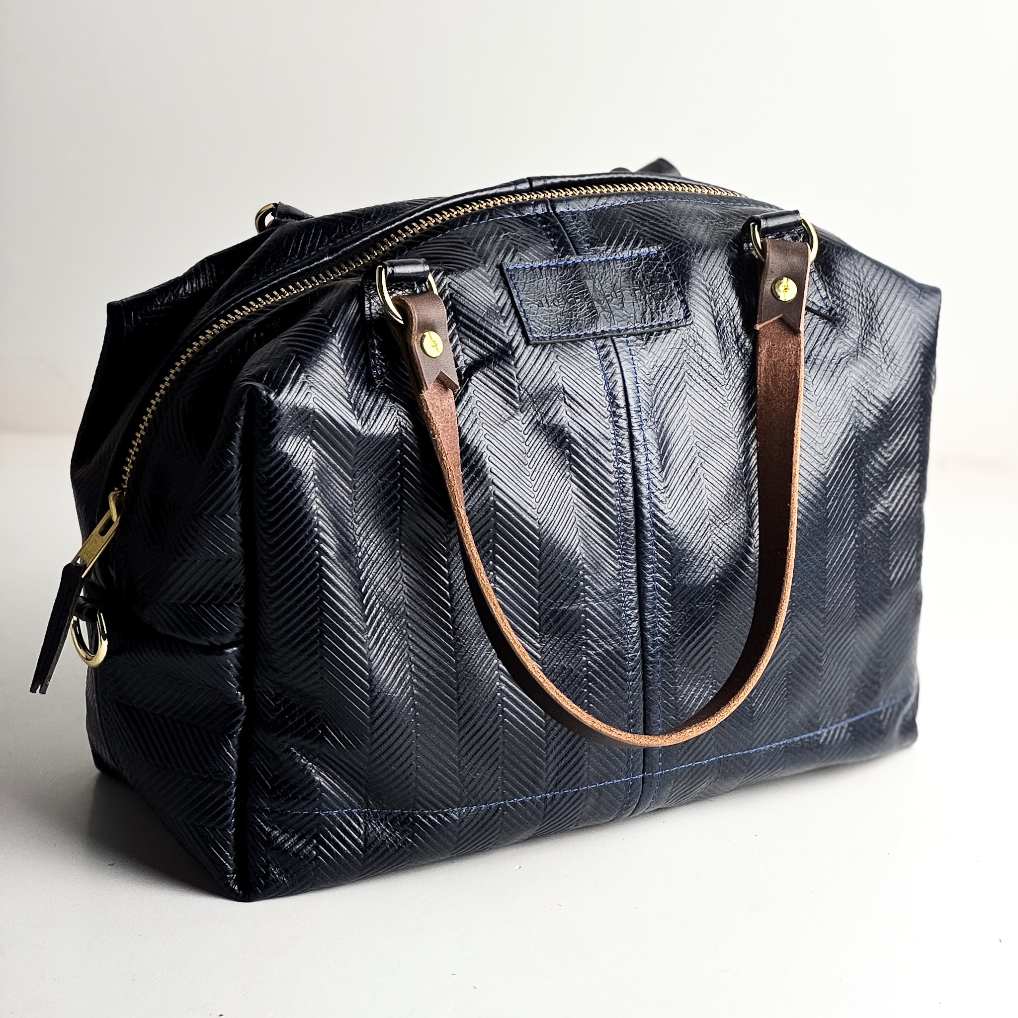 Polished Prep Collection | Eliza Satchel + Shoulder Tote | Herringbone Coastal Navy