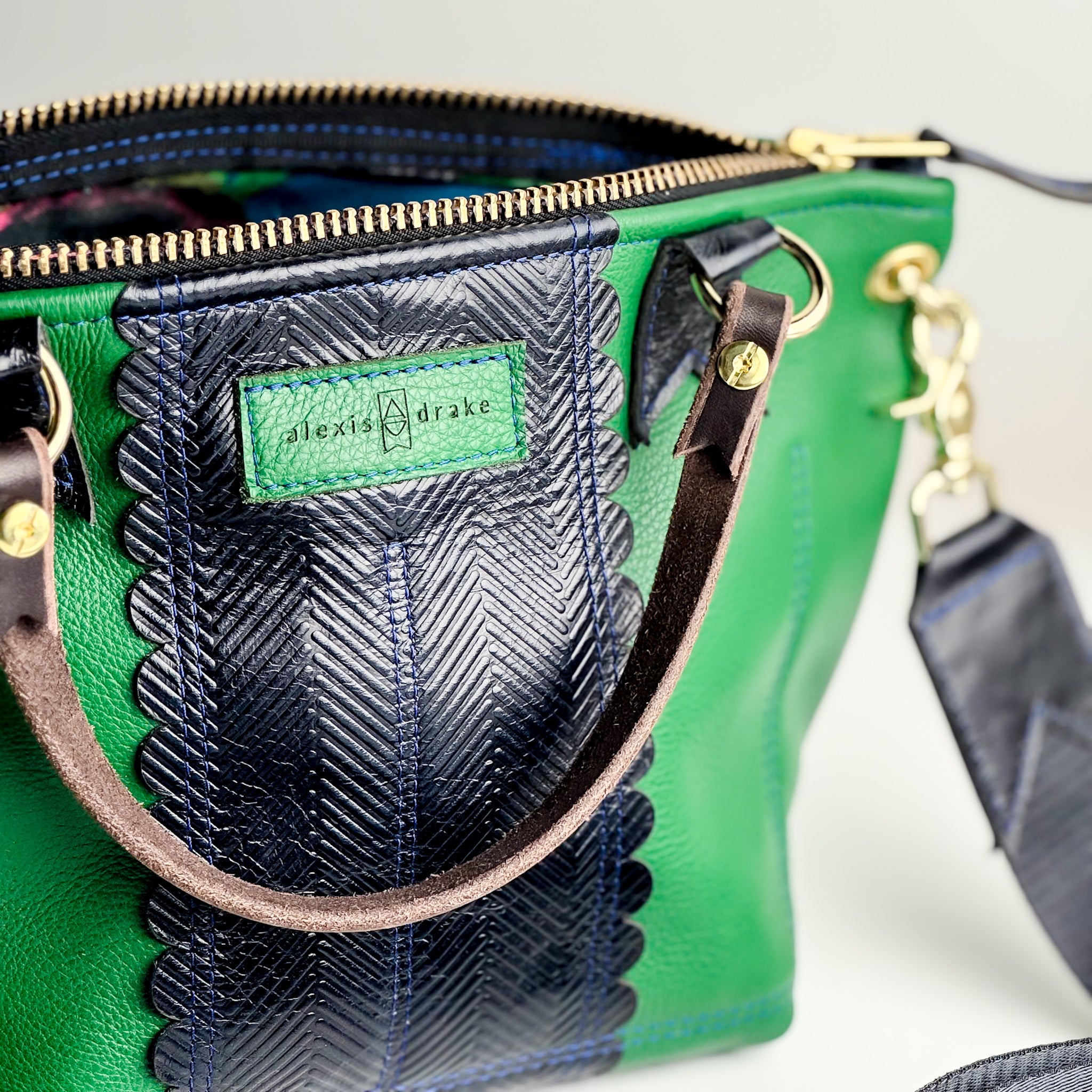 Polished Prep Collection | Coco Satchel + Crossbody | Boxwood Green + Herringbone Coastal Navy