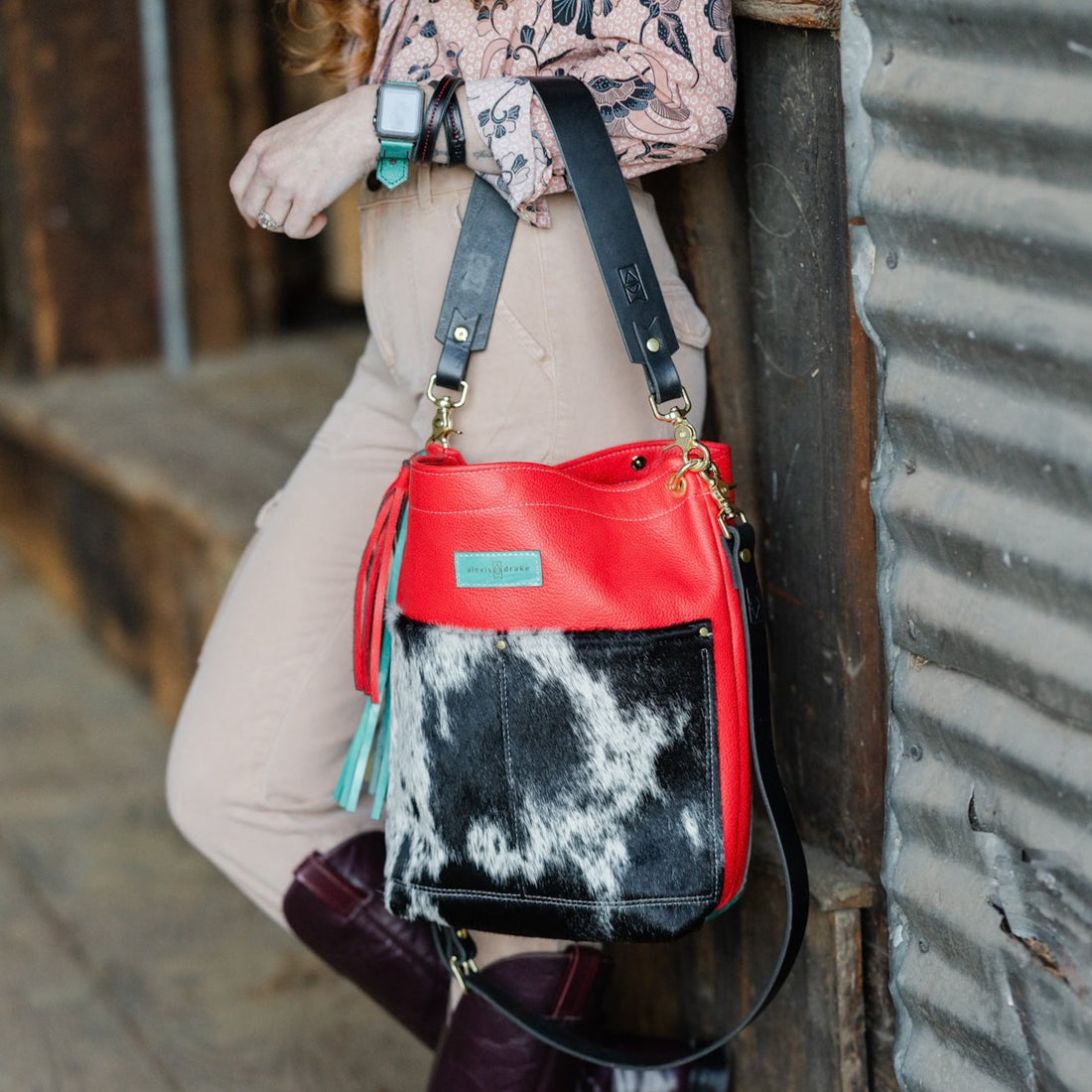 Rodeo Collection | Train Shoulder Tote + Crossbody | Hair-on-Hide + Scarlet