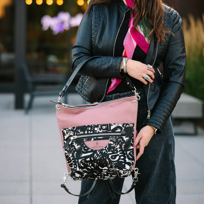 Urban Edge Collection | Backpack Shoulder Tote | Distressed Pink Jade + Newsprint Hair-on-Hide