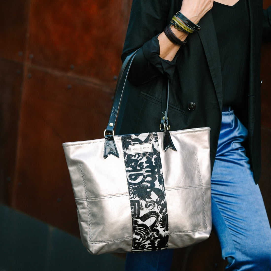 Urban Edge Collection | 9 to 5 Shoulder Tote | Champagne Steel + Newsprint Hair-on-Hide