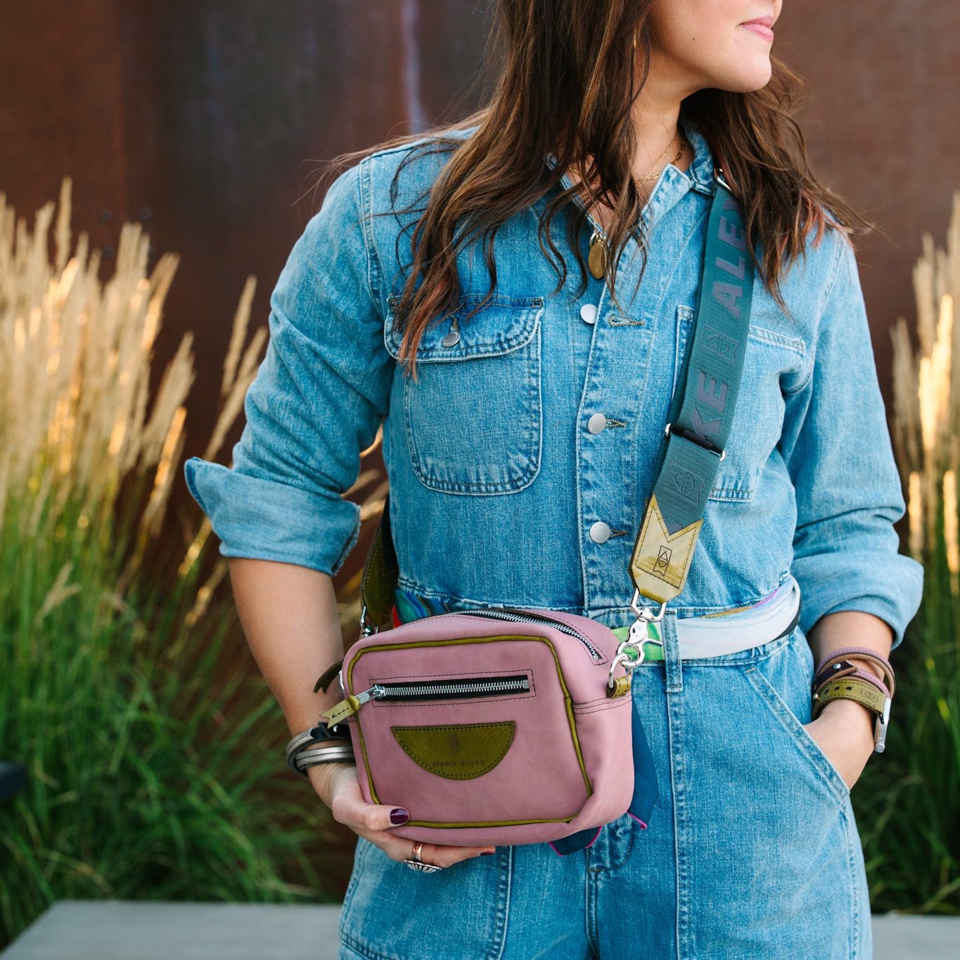 Urban Edge Collection | Maeve Crossbody | Distressed Pink Jade + Olive Leaf