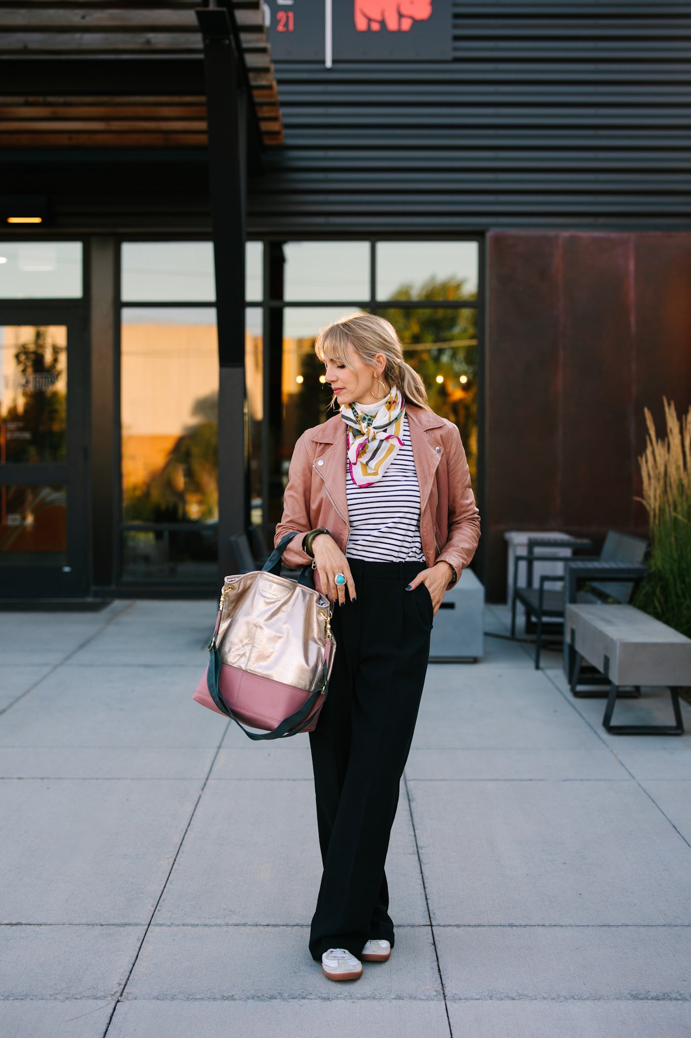 Urban Edge Collection | Lexington Shoulder Tote | Champagne Steel + Distressed Pink Jade