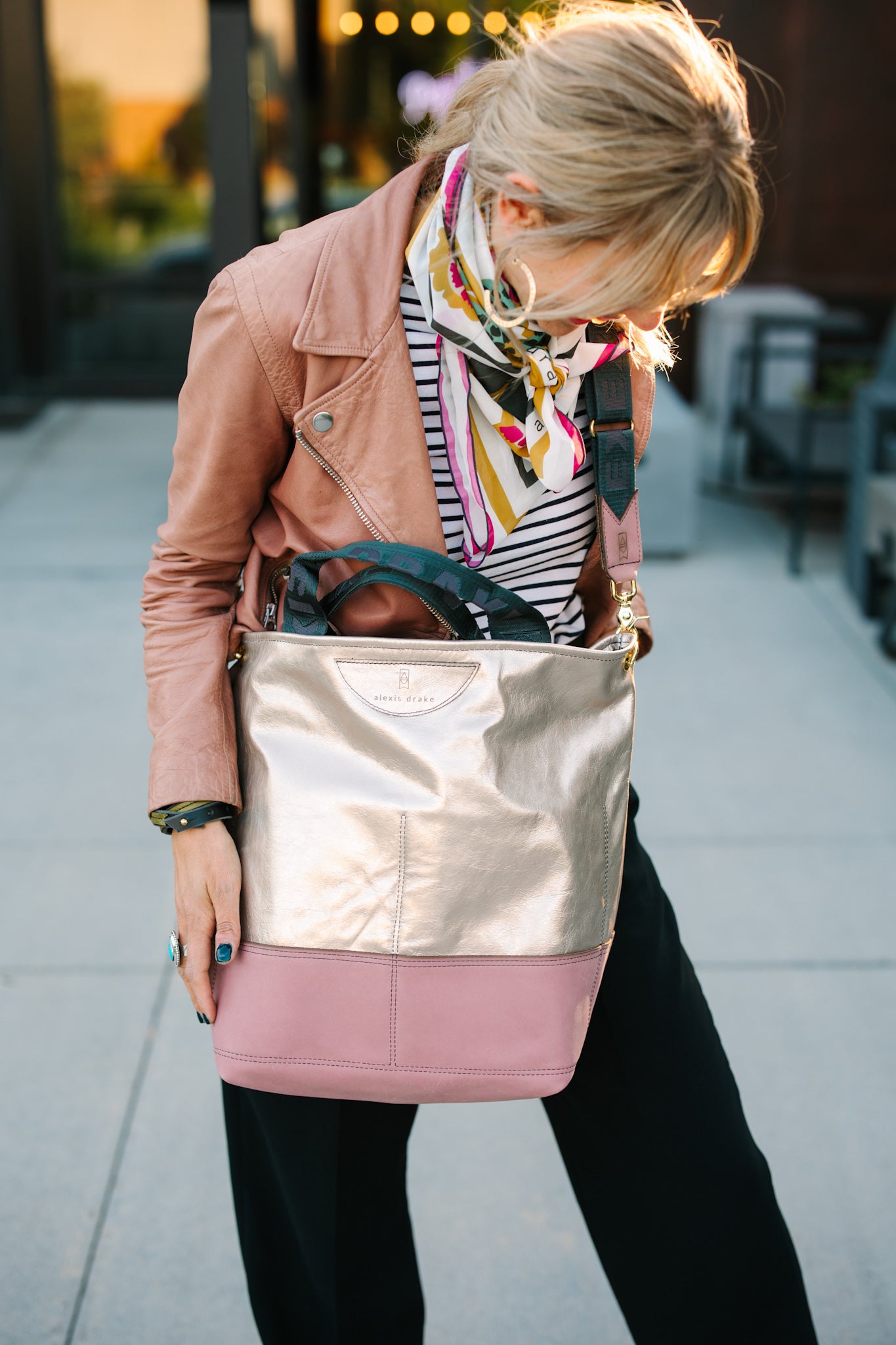 Urban Edge Collection | Lexington Shoulder Tote | Champagne Steel + Distressed Pink Jade