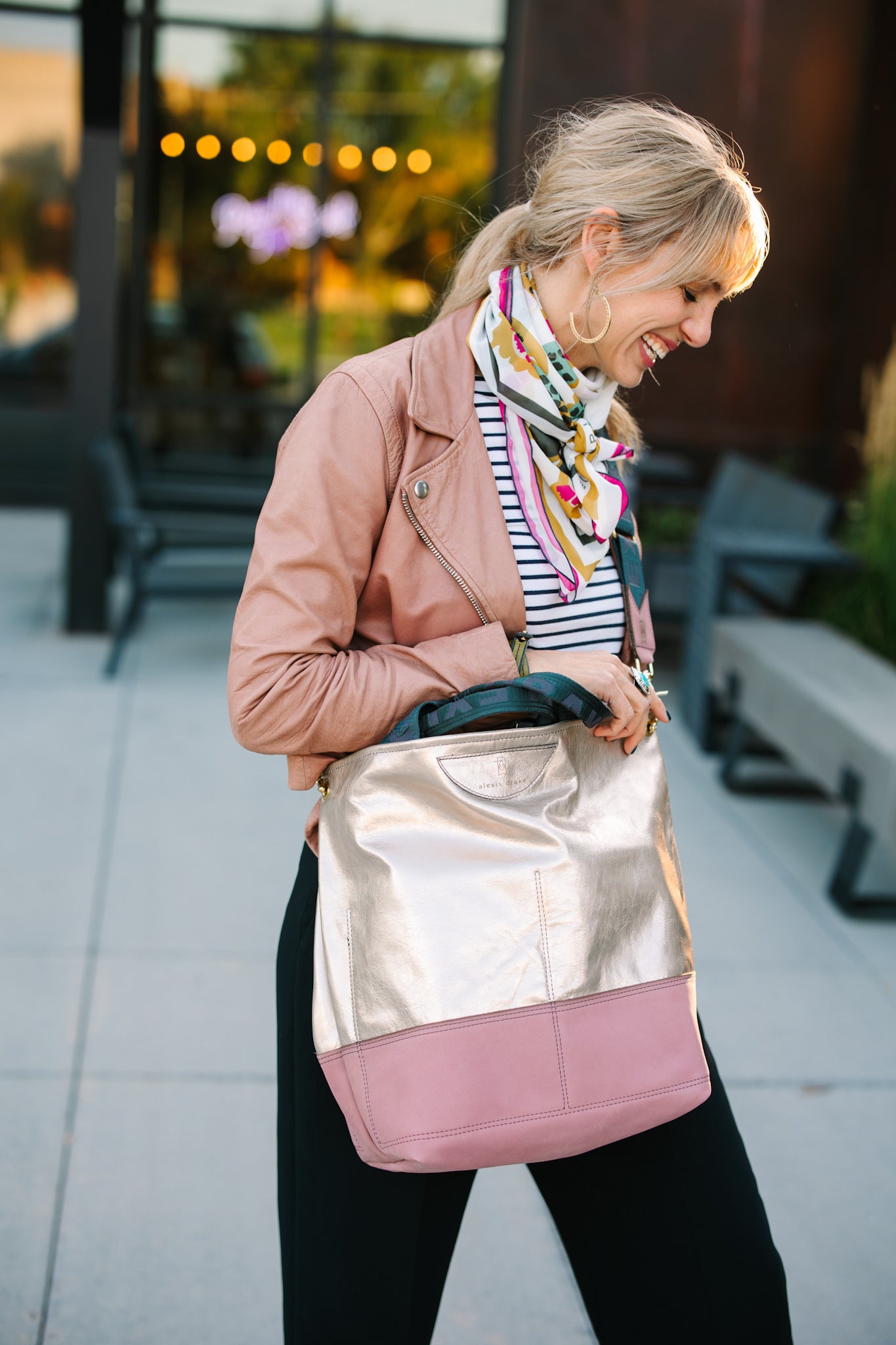 Urban Edge Collection | Lexington Shoulder Tote | Champagne Steel + Distressed Pink Jade