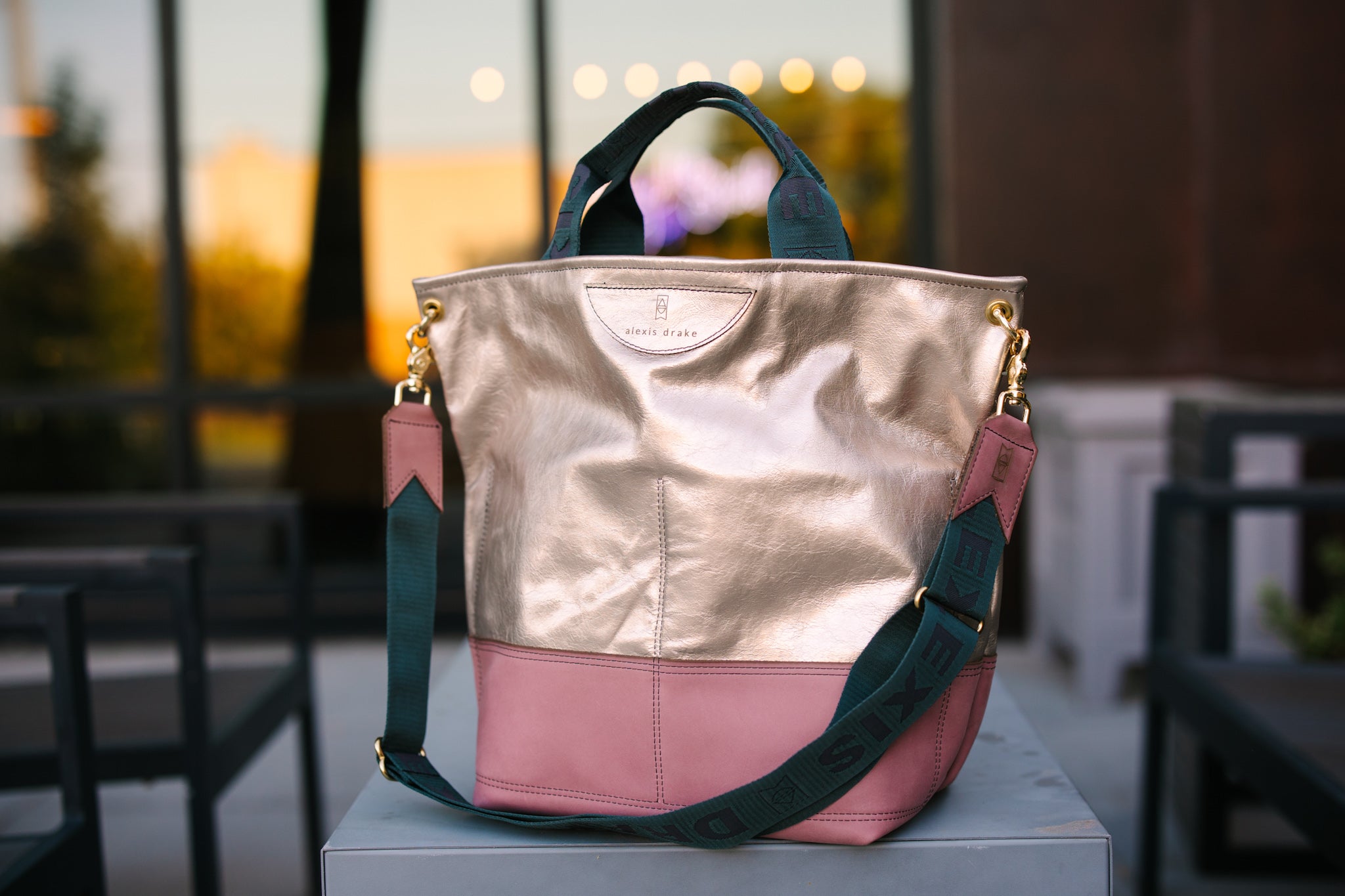 Urban Edge Collection | Lexington Shoulder Tote | Champagne Steel + Distressed Pink Jade