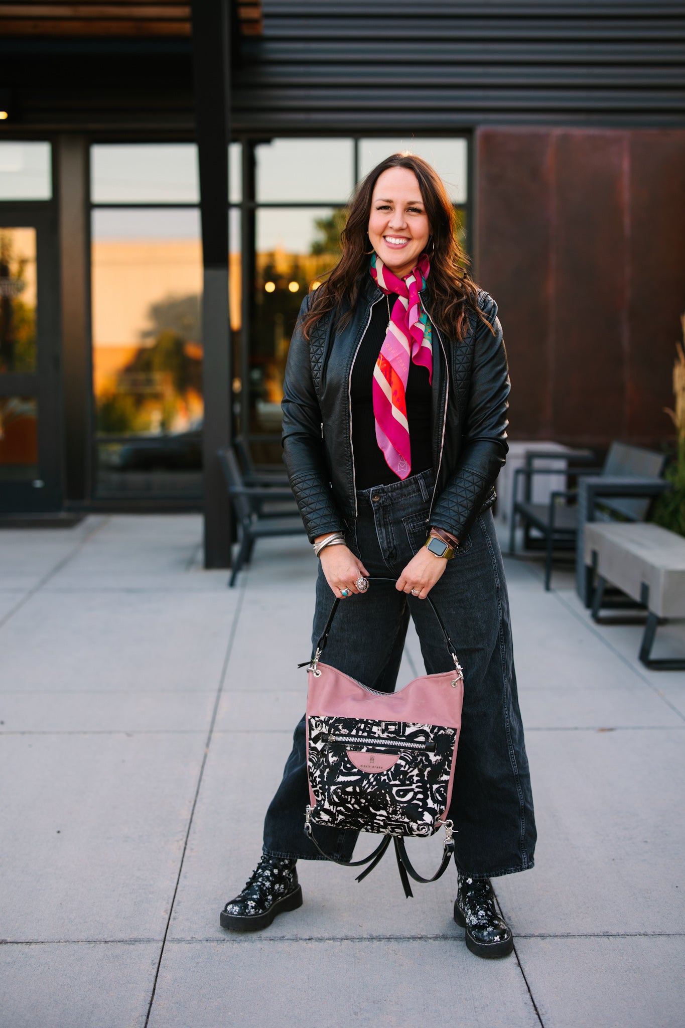 Urban Edge Collection | Backpack Shoulder Tote | Distressed Pink Jade + Newsprint Hair-on-Hide