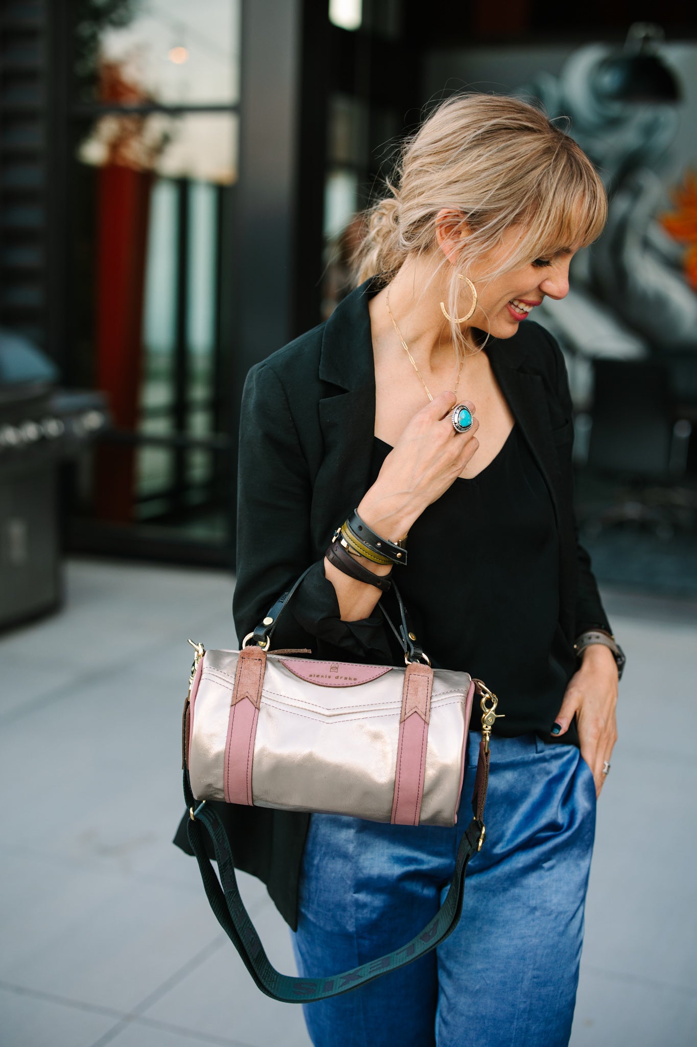 Urban Edge Collection | Gigi Baby Duffel + Crossbody | Distressed Pink Jade + Champagne Steel